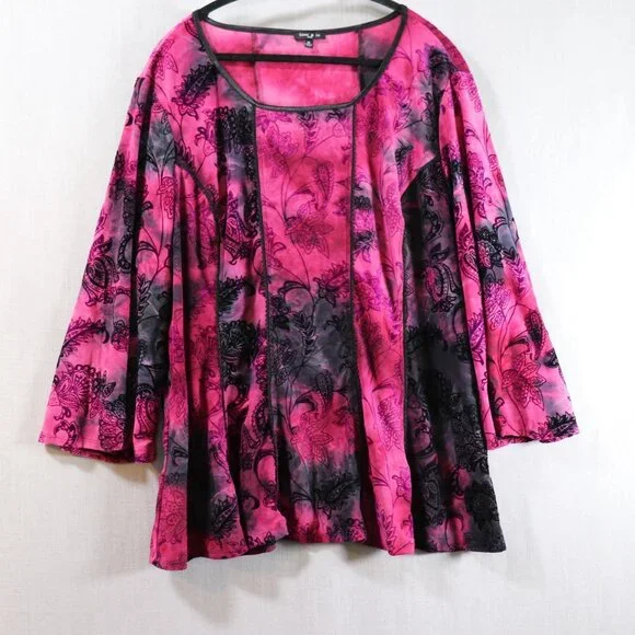 SAMI & JO Boho Burnout Tunic Top Plus Size 3X Pink Black Bell Sleeve Blouse - Picture 2 of 13